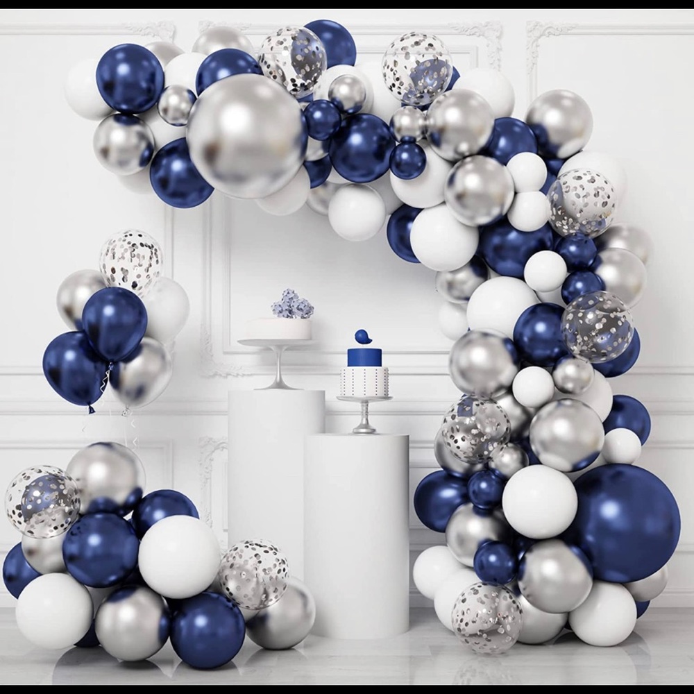 Navy Blue Silver Balloons Garland Arch Kit, Blue White Silver Confetti Balloons